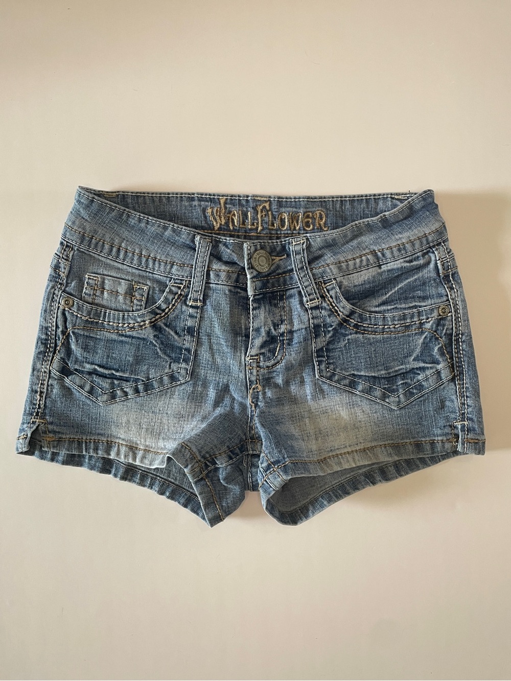 WallFlower Y2K Low Rise Micro Jean Shorts Embroidered Back Pockets Size 1